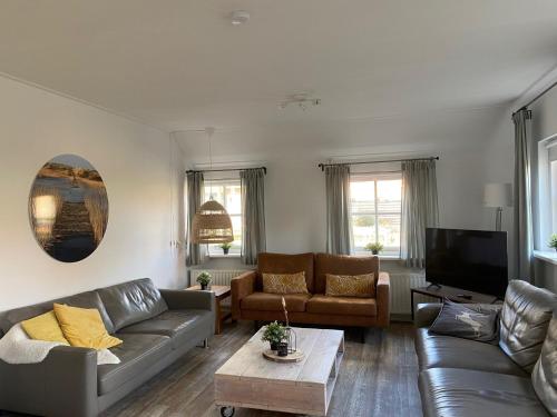 a living room with a couch and a tv at Noorderzon in Buren
