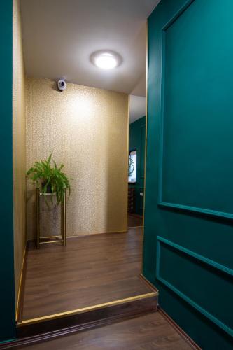 a hallway with a green door and a potted plant at Square 6 in Belgrade