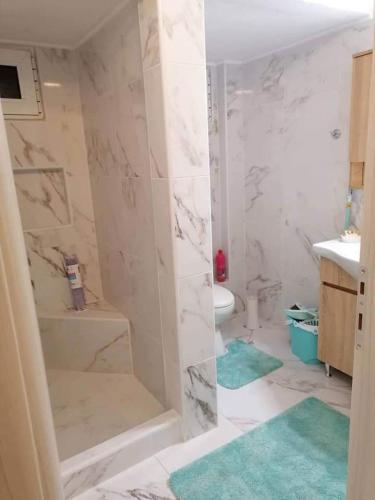 a bathroom with a shower and a sink and a toilet at Villa Casagrande in Kriopigi