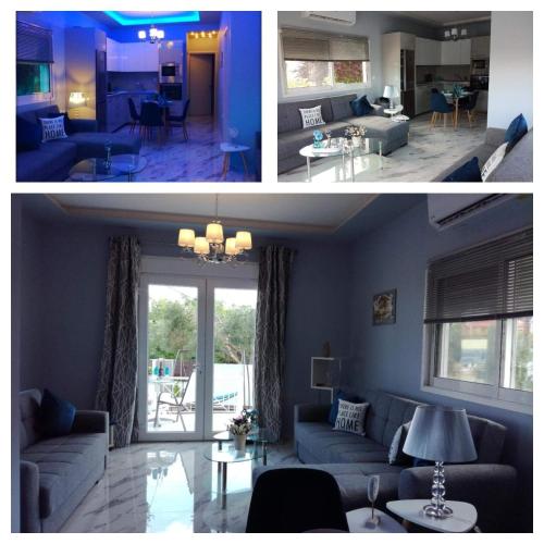 a living room and a living room with blue walls at Villa Casagrande in Kriopigi