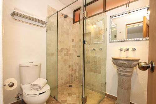 uma casa de banho com um chuveiro, um WC e um lavatório. em El Secreto em San Miguel de Allende