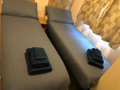 two beds sitting next to each other in a room at Classy caravan with ample space in Bembridge