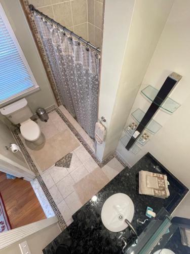 an overhead view of a bathroom with a toilet and a shower at Deluxe King Master Suite in Washington