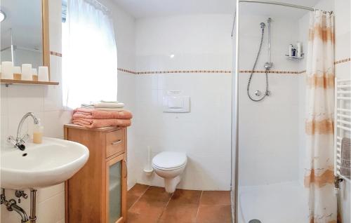 a bathroom with a shower and a toilet and a sink at Pet Friendly Home In Brekendorf With Kitchen in Brekendorf