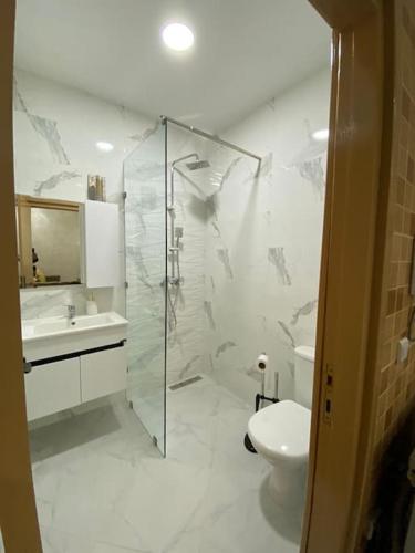 uma casa de banho com um chuveiro, um WC e um lavatório. em Geil Wohnung in Agadir Zentrum Haut founty em Agadir