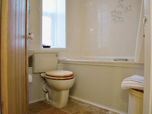 a bathroom with a toilet and a bath tub at Violet Cottage in Llannon