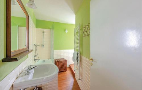uma casa de banho com paredes verdes, um lavatório e um espelho. em Finestra Sul Lago em Miasino