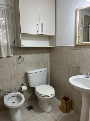 a bathroom with a toilet and a sink at Tehuelches del sur in Puerto Madryn