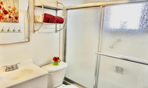 a bathroom with a shower and a toilet and a sink at University Retreat-near U Of U, Hospital,downtown in Salt Lake City