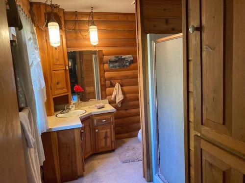 a bathroom with a sink and a mirror at Hummingbird Hill Resort: Hot Tub, Views, Wildlife, 3D movies, Hiking, Bikes, Sleds, Games, Kids & Pets Love It in Naches