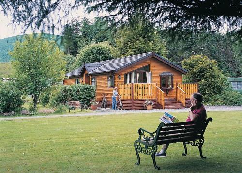 a woman sitting on a park bench in front of a log cabin at Angecroft Park in Ettrick