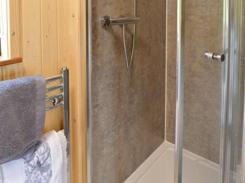a shower with a glass door in a bathroom at Pentland Pod in Penicuik