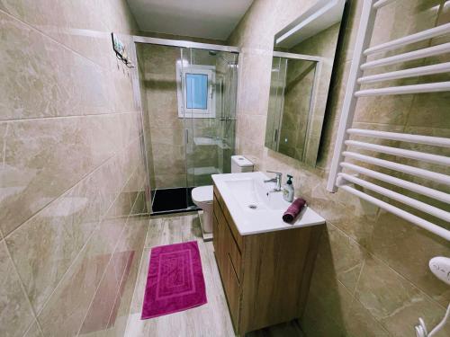 een badkamer met een wastafel, een douche en een toilet bij Magnifico Apartamento Barca 4 in Barcelona