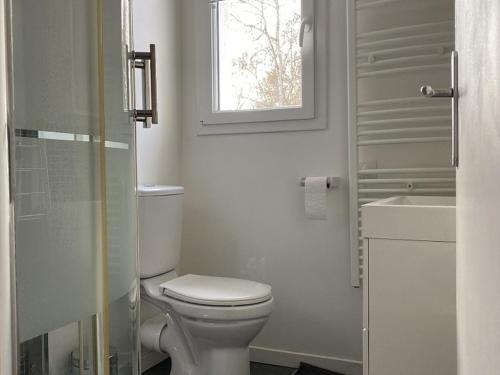 une salle de bain avec toilettes, lavabo et fenêtre dans l'établissement T2 confortable avec WIFI, au centre de La Roche-Posay, à proximité des Thermes et parking gratuit - FR-1-541-93, à La Roche-Posay