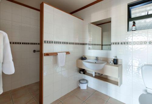 ein Badezimmer mit einem Waschbecken, einem WC und einem Spiegel in der Unterkunft Unit 11 Kaiteri Apartments and Holiday Homes in Kaiteriteri