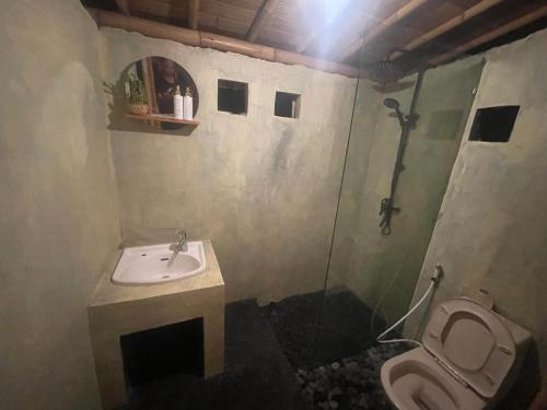 a bathroom with a toilet and a shower and a sink at Bamboo Austin Mountbatur in Baturaja