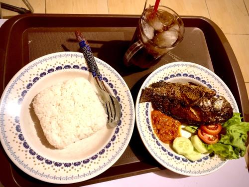 dos platos de comida en una bandeja con arroz y carne en ASOKA GUEST HOUSE, en Pangkalan Bun