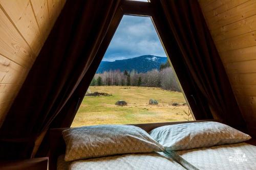 a bedroom window with a view of a mountain at Transylvania Apartments in Borzont