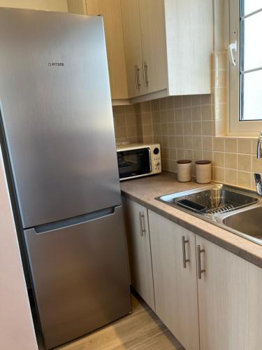 a kitchen with a stainless steel refrigerator and a sink at CASA MILITOU-NEA FILADELFIA in Athens