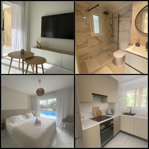 a collage of four pictures of a bathroom at Casa Bendita - LUXURY APARTMENT BENIDORM in Benidorm