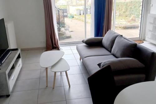 sala de estar con sofá y TV en Le Nid - Amboise gîte semi troglodyte en Amboise