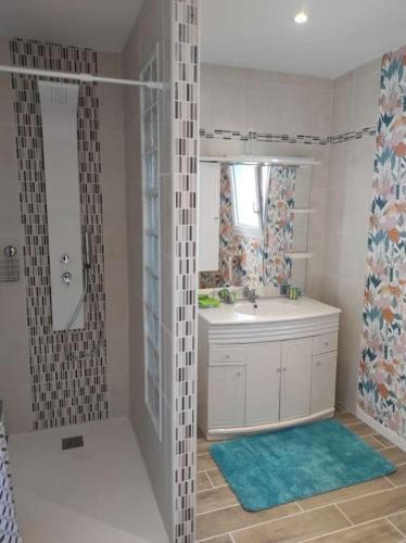 une salle de bain avec un lavabo et une douche dans l'établissement le ch'ti 4 saisons Maison de vacances avec parking et jardin, à Saint-Omer