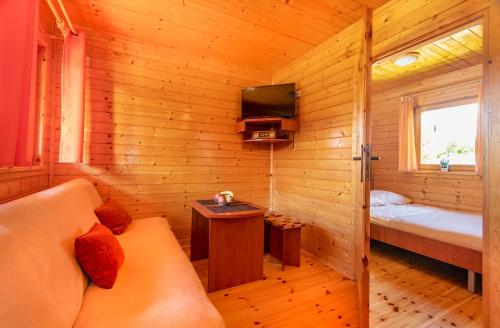 uma cabana de madeira com uma cama e uma televisão em Domki Letniskowe Patryk - 300m od plaży em Darlowko