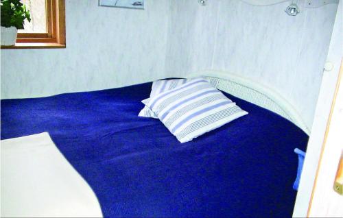 a blue bed with two pillows on top of it at Awesome Home In rjng With House Sea View in Östra Viker