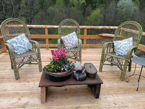 three chairs and a table with a pot of flowers on a patio at Locanda San Martino in Massac