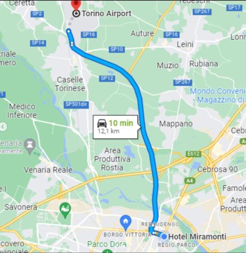 a map of the road with a blue at Hotel Miramonti in Turin