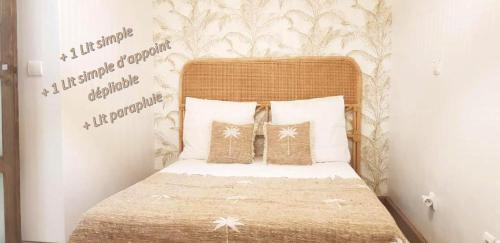 małe łóżko z 2 poduszkami w sypialni w obiekcie PALMAÉ de Boucan Canot T2 St-Gilles A 200M de la plage w mieście Saint-Gilles les Bains