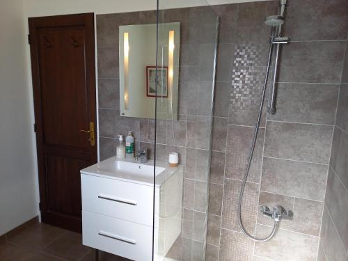 MontauriolにあるLa Pantoufle Verteのバスルーム(シャワー、白い洗面台、シャワー付)