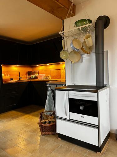 a kitchen with a stove with pots and pans at Ferienhaus Thonjoergl in Gnas