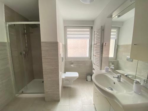 een badkamer met een wastafel, een toilet en een douche bij Haus Sonnentag in Bad Bertrich