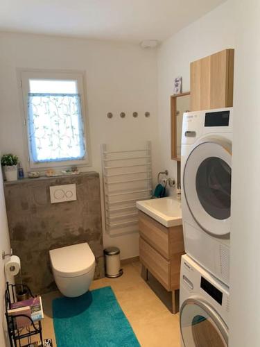 La salle de bains est pourvue de toilettes et d'un lave-linge. dans l'établissement Villa Sirène-Urlaub in der Provence-Côte d'Azur, à Cabasse
