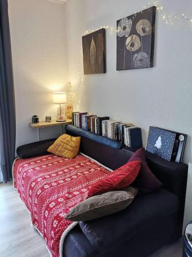 - un salon avec un canapé et une étagère avec des livres dans l'établissement Frontignan au Clair de plage, à Frontignan