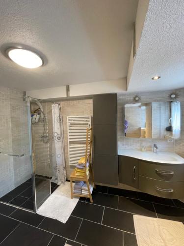 a bathroom with a sink and a tub and a shower at Appartement Wonder in Couvet