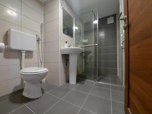 een badkamer met een toilet, een wastafel en een douche bij Apartmani Milosevic in Kopaonik