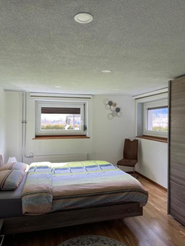 a bedroom with a bed and two windows at Appartement Wonder in Couvet