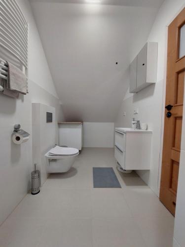 biała łazienka z toaletą i umywalką w obiekcie Pokoje Kraków Tyniec w Krakowie