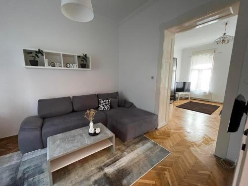uma sala de estar com um sofá e uma mesa em Szeged Apartman em Szeged