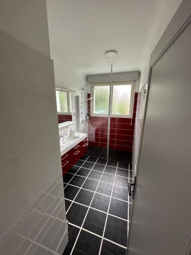 a bathroom with a shower and a black tiled floor at Gîte d'Esila in Saint-Aignan