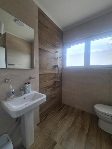 ein Bad mit einem Waschbecken, einem WC und einem Fenster in der Unterkunft Hotel Frida in Gjakove