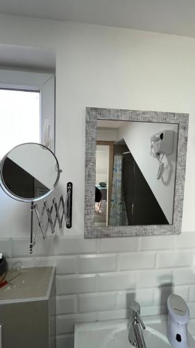 a bathroom with a mirror and a sink and a tub at Charlie&Blueberries in Belgrade