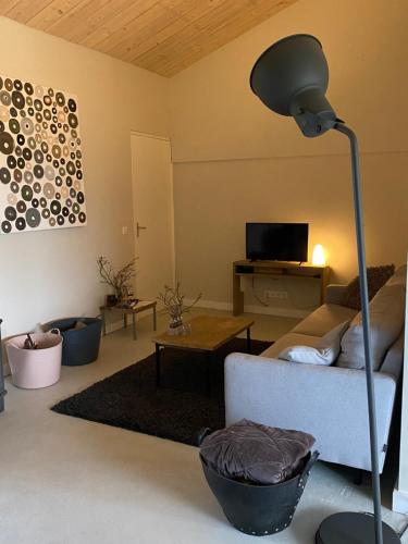 sala de estar con sofá y lámpara de pie en Slapen bij Uppruna, en Chaam