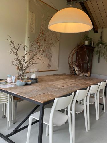 a dining room table with white chairs and a light fixture at Slapen bij Uppruna in Chaam