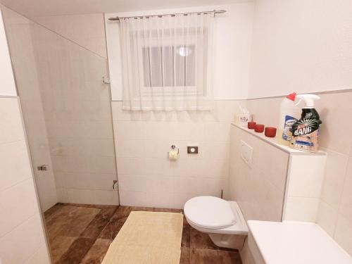 ein weißes Bad mit einem WC und einem Fenster in der Unterkunft Apart Zillertal in Aschau
