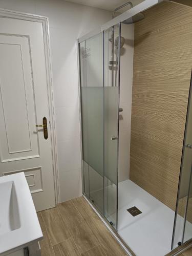 a shower with a glass door in a bathroom at Faro de Aldan in Aldán