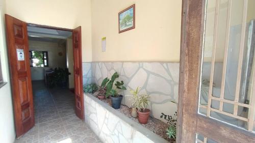 um corredor de uma casa com vasos de plantas sobre ela em Pousada Flamboyan em Rio de Contas