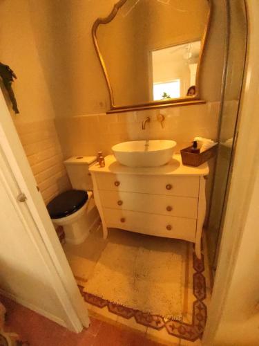 a bathroom with a sink and a toilet and a mirror at Romantic patio-house for 2 in the old centre in La Orotava